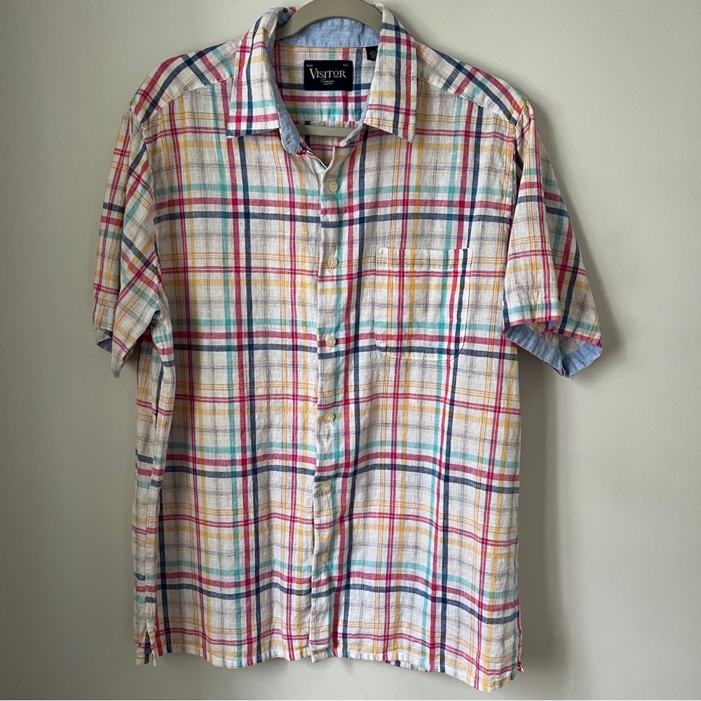 Visitor Button Down Plaid Linen Blend Mens Size Large